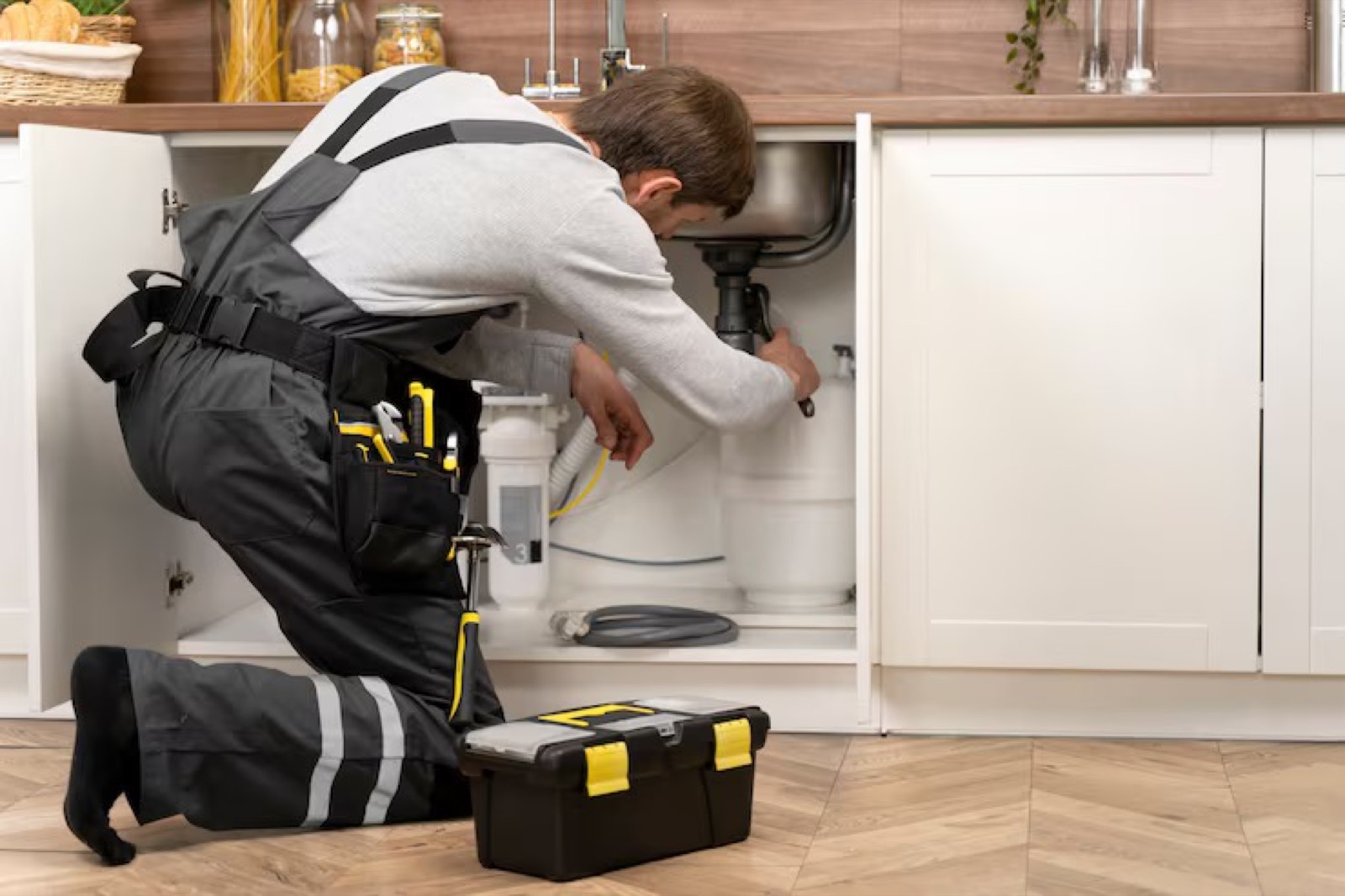 Hausmeister repariert die Abflussleitung unter einem Waschbecken